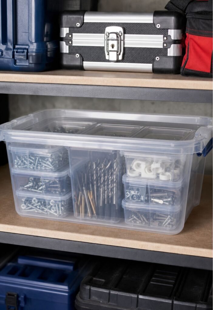 Small containers holding garage hardware inside a larger storage bin