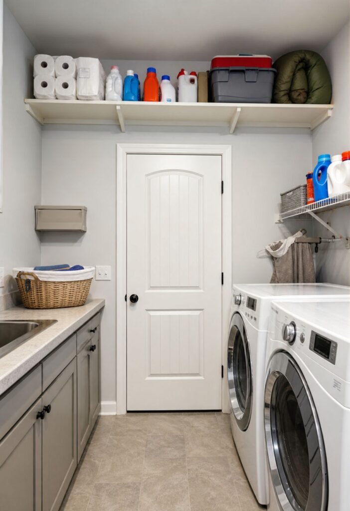 Shelf above laundry room door storing backup and bulk supplies