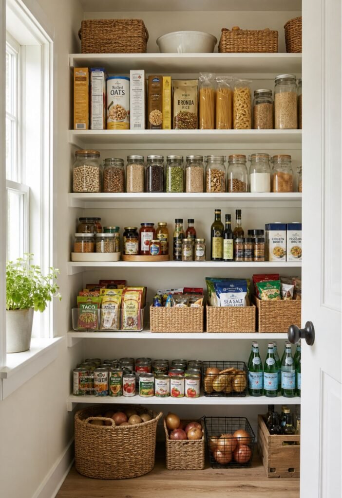Pantry food packages arranged by size on organized kitchen shelves
