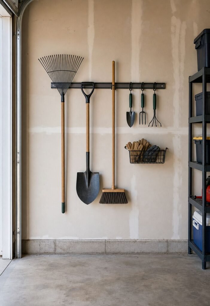 Slim garage gardening station with vertical storage for long handled tools