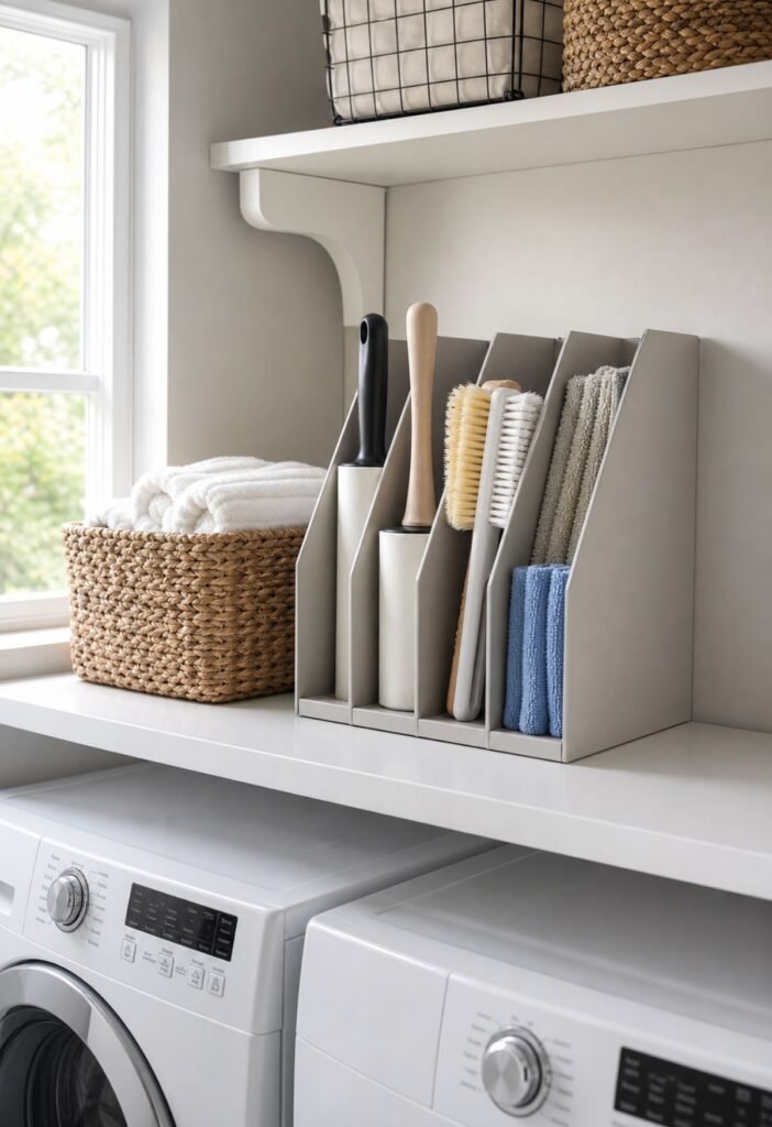 File organizer repurposed to store laundry room brushes lint rollers and cloths