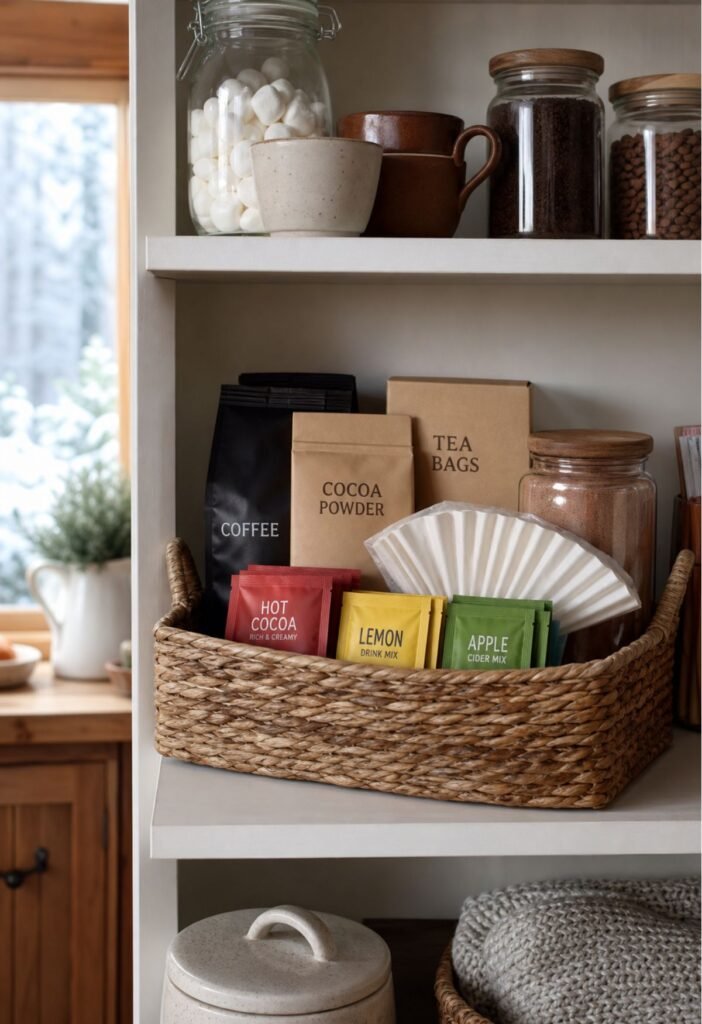 Pantry coffee and hot chocolate supplies arranged together in a small storage area