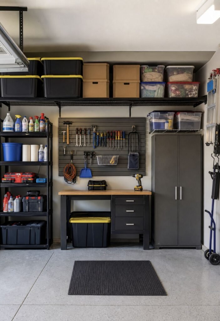 Frequently used garage tools and supplies stored within easy reach