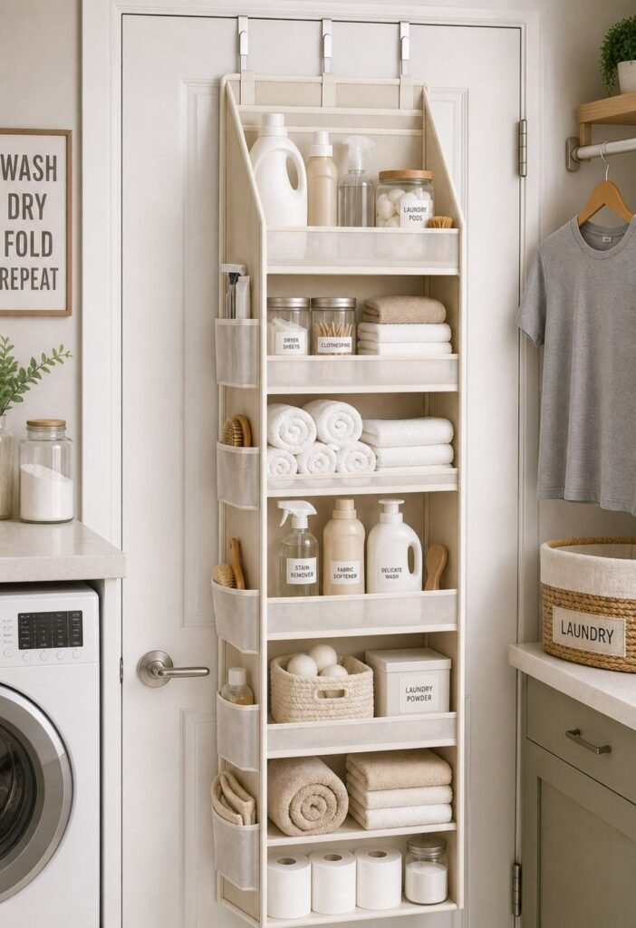 Over the door organizer holding laundry supplies on the back of a laundry room door