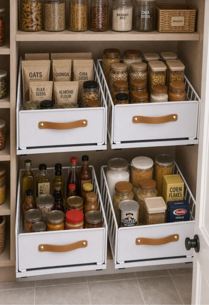 Pull-out pantry baskets storing extra crackers cereal pasta and breakfast foods