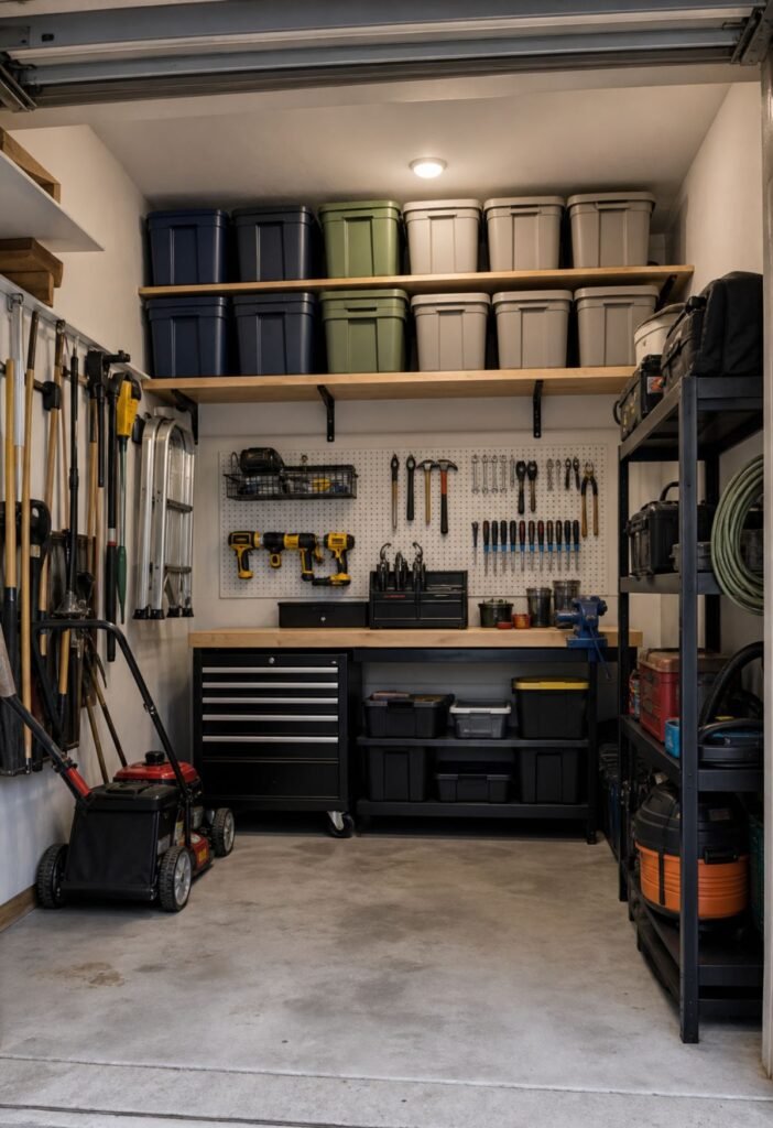 Seasonal garage storage placed on high shelves and overhead areas