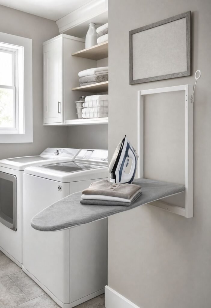 Wall mounted ironing board folded against the wall in a small laundry room
