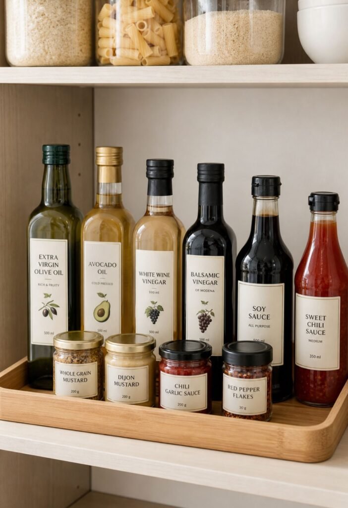 Cooking oils vinegar and pantry-safe condiments arranged on an accessible shelf