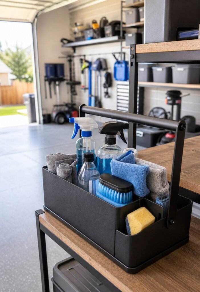Cleaning supply caddy organized with garage cleaning products and tools