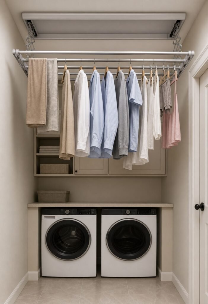 Retractable ceiling drying rack in a small laundry room