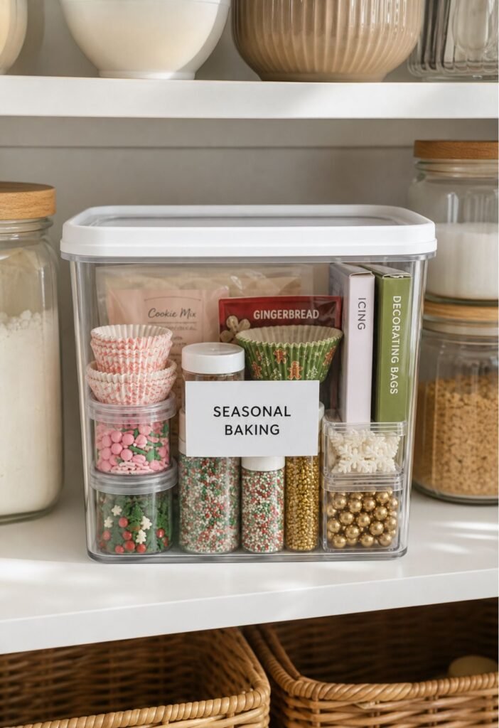 Holiday baking ingredients and seasonal supplies stored in a small pantry box