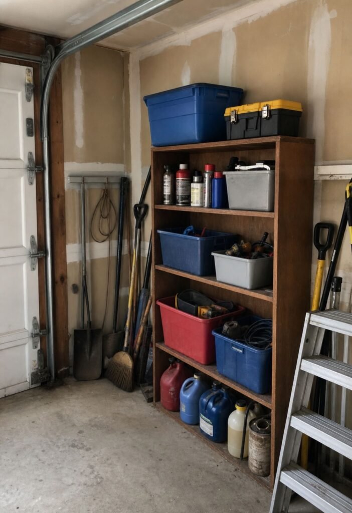 Old bookcase reused for organized garage storage