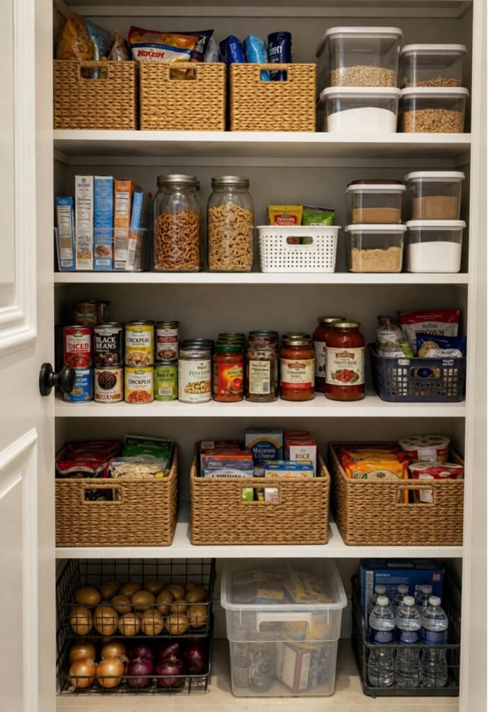 Budget-friendly pantry organization using repurposed boxes and existing storage baskets