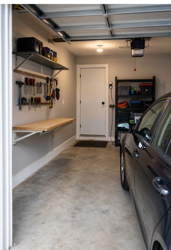 Wall mounted folding workbench saving floor space in a small garage