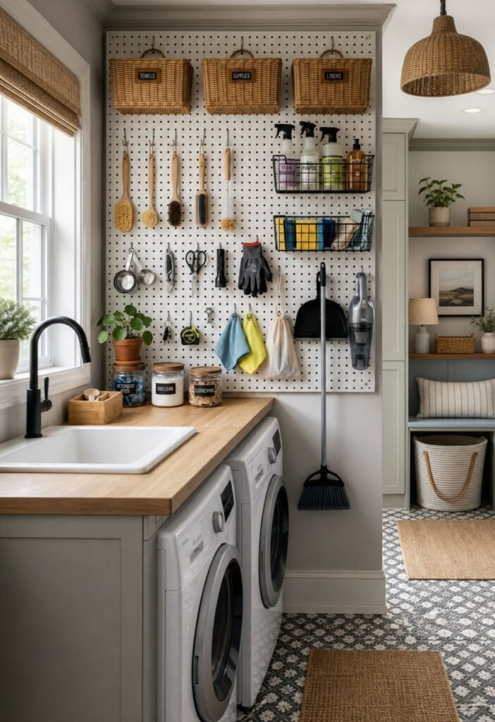 Pegboard wall storage organizing cleaning brushes laundry bags and small supplies