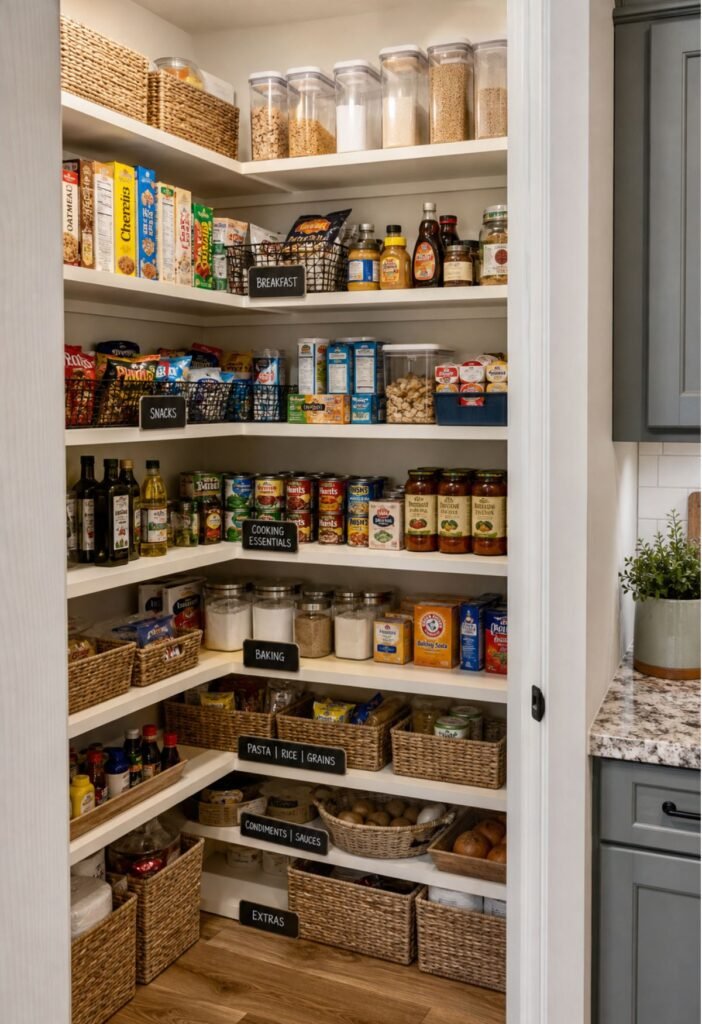 Family-friendly pantry with snacks breakfast supplies and cooking ingredients grouped by category