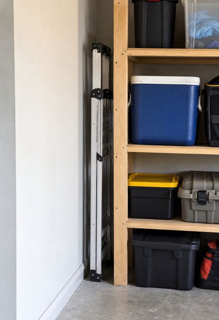 Compact folding ladder stored securely in a small garage