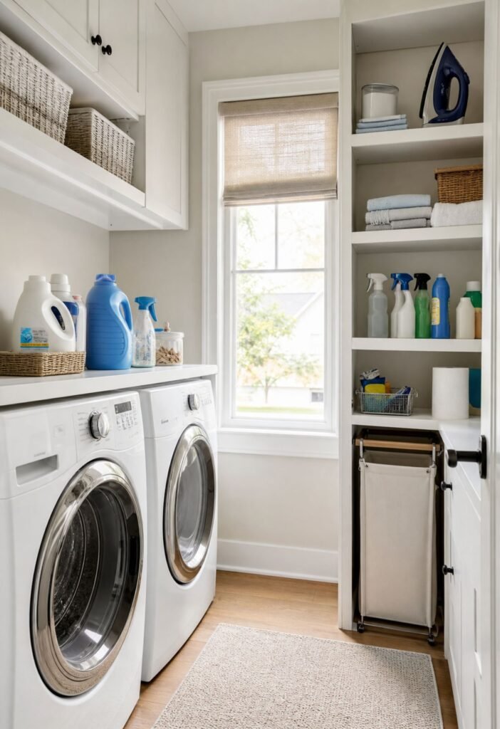 Laundry products arranged in organized storage zones near the washer