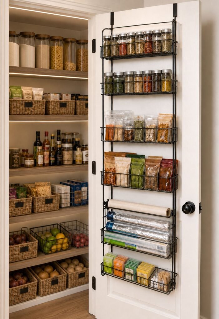 Lightweight seasoning packets and snack packs stored on a pantry door organizer