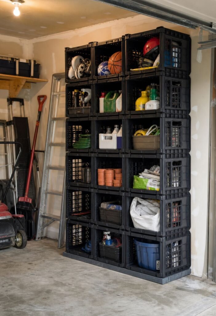 Stackable plastic crates used for flexible garage storage