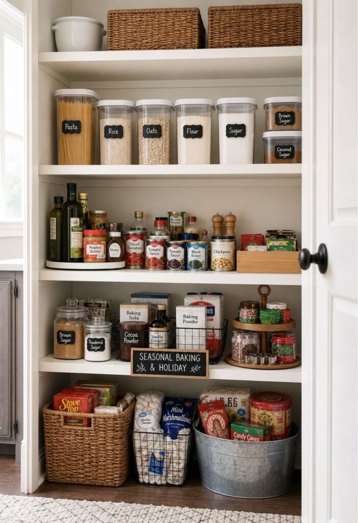 Holiday baking ingredients separated from everyday pantry food