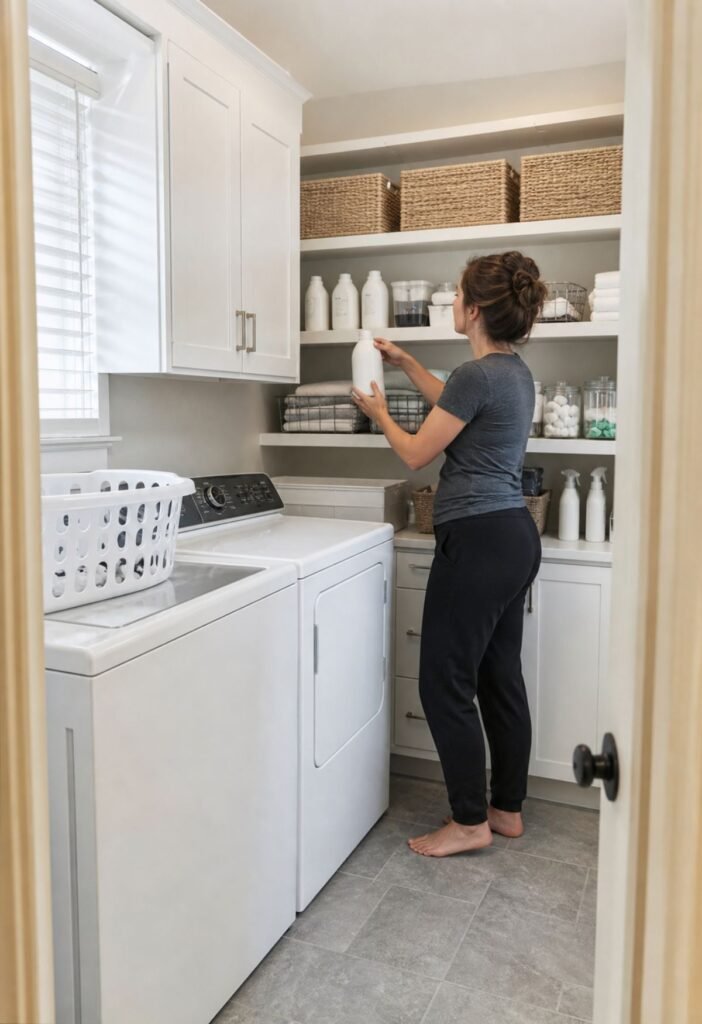 Neatly reset small laundry room after completing a laundry load
