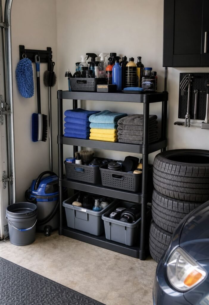 Compact car-care station with cleaning supplies and tire products in a garage