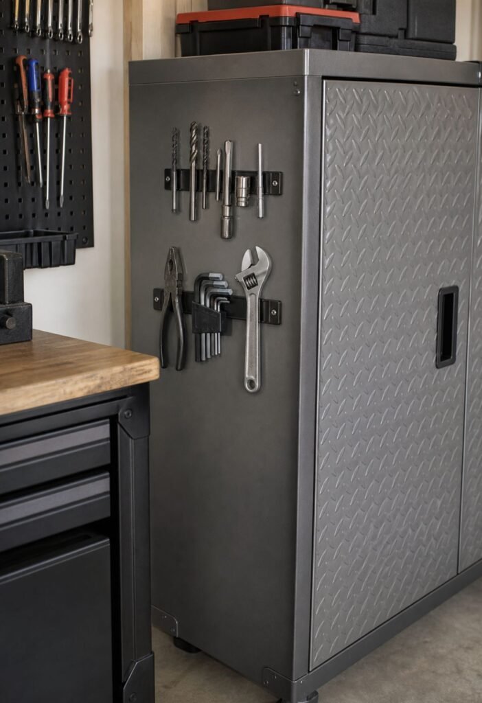 Magnetic storage containers attached to a metal garage cabinet
