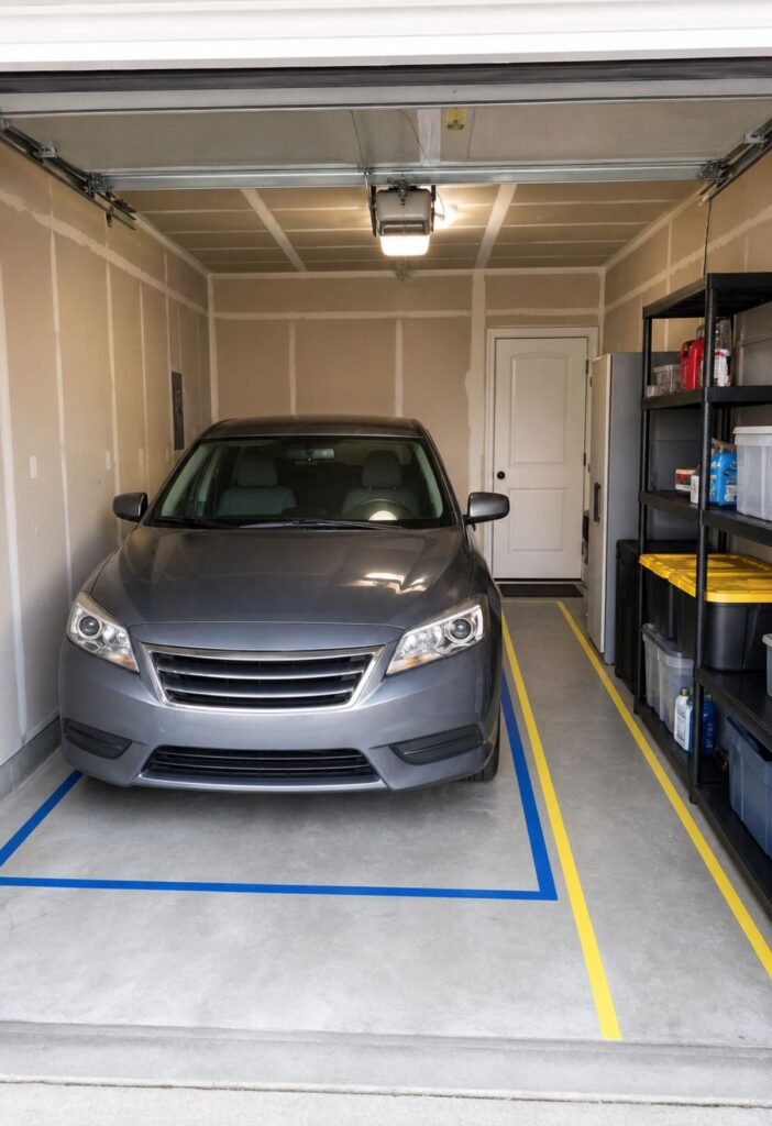 Garage floor marked with tape to define a clear parking zone and walking path