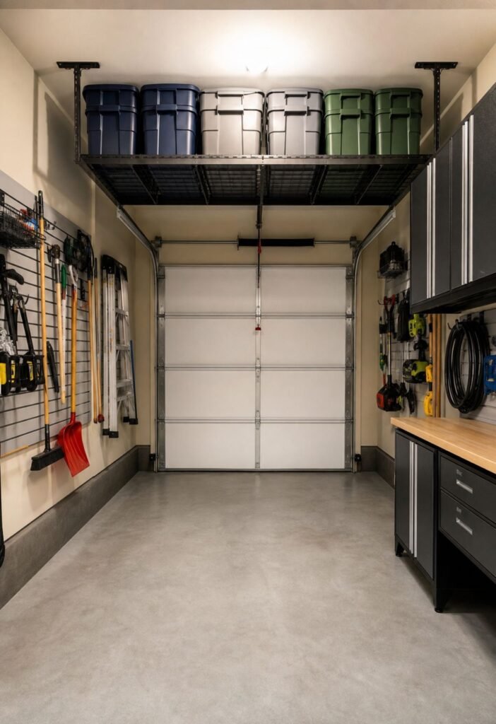 Overhead garage storage rack holding seasonal bins and rarely used items