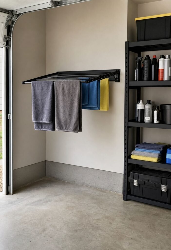 Fold-down drying rack mounted on a garage wall for cleaning cloths