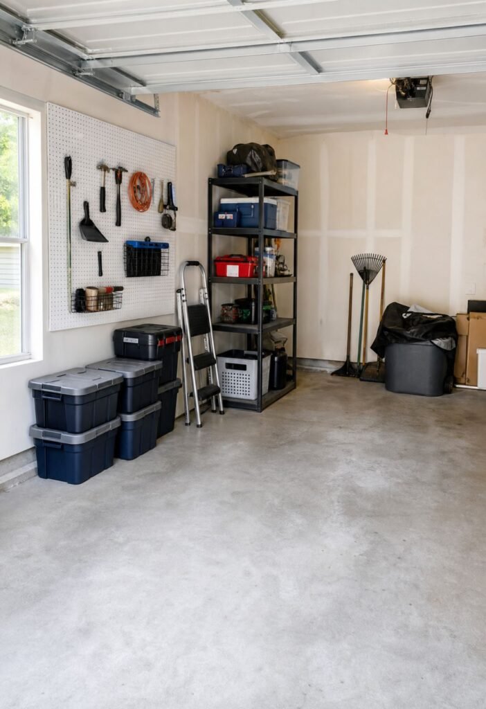 Small garage storage built gradually with hooks bins and narrow shelving