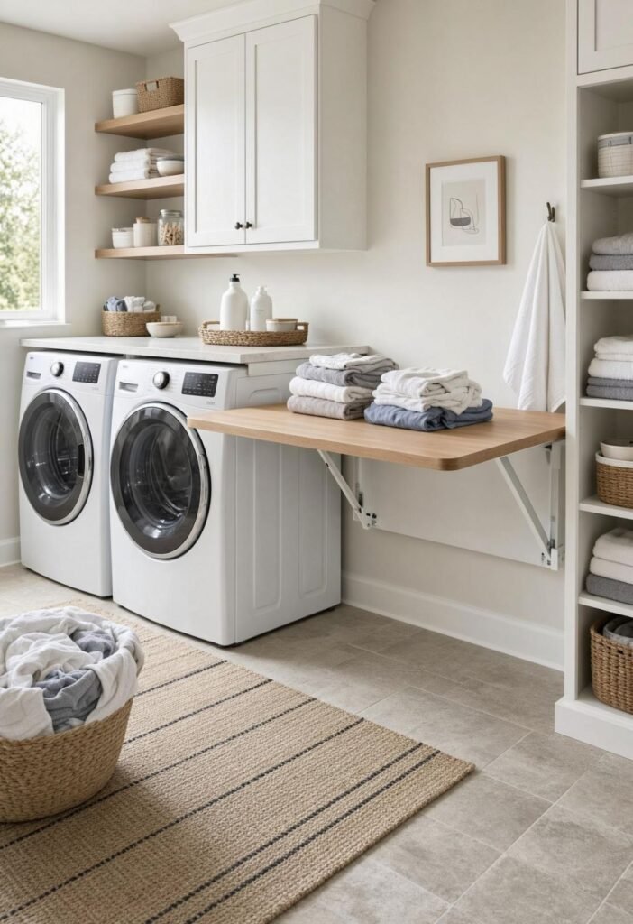 Wall mounted fold down table used for folding clothes in a small laundry room