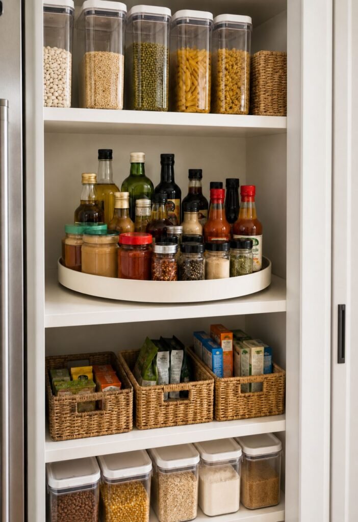 Lazy Susan pantry organizer holding small bottles jars and sauces