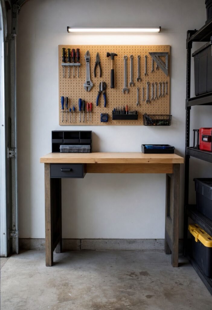 Garage pegboard storing hand tools on the wall