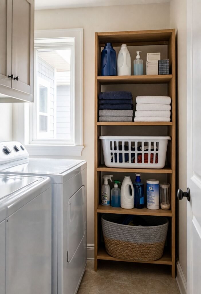 Old bookcase used as vertical laundry room storage for supplies and towels
