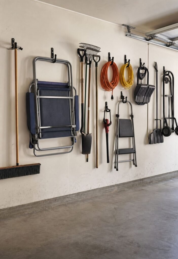 Wall hooks storing long handled tools cords and garage equipment