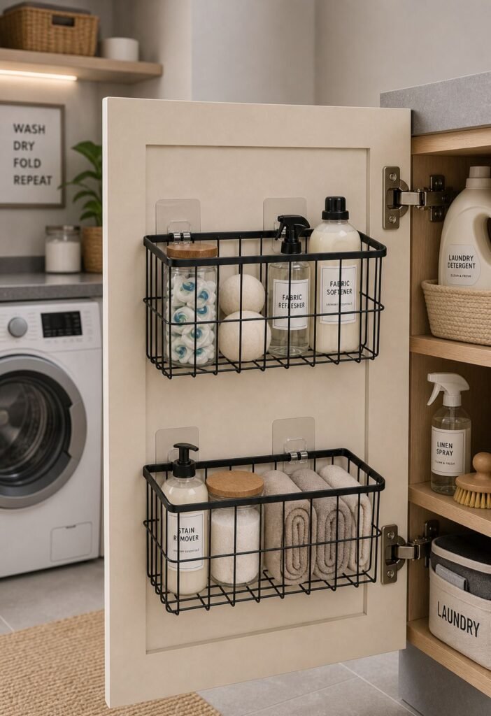 Inside cabinet door used for organized laundry room storage