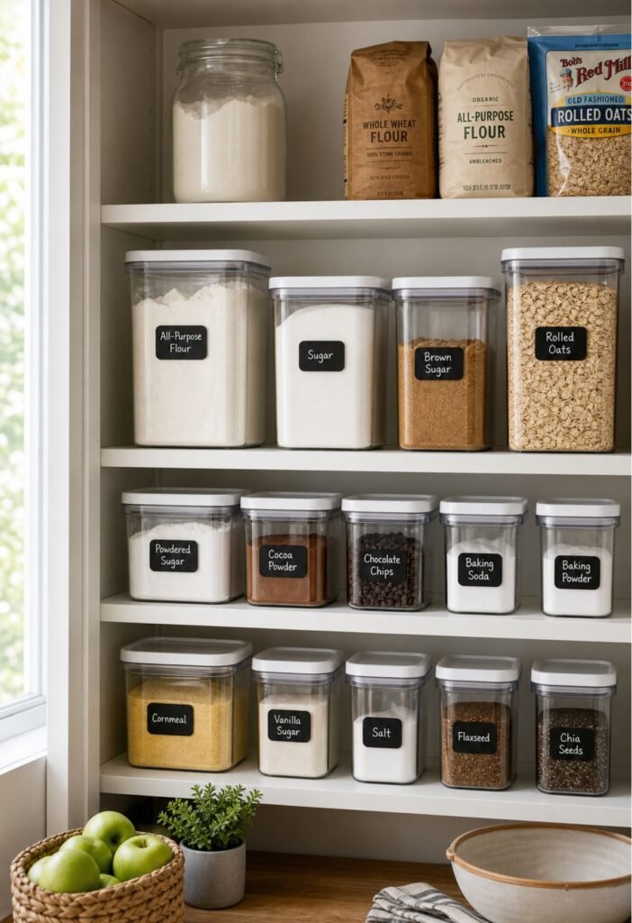 Baking ingredients stored in space-saving pantry containers