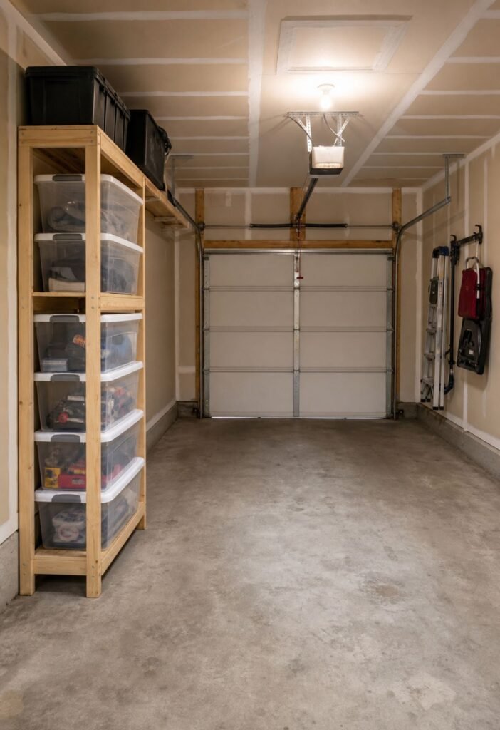 Stacked storage bins saving floor space in a small garage