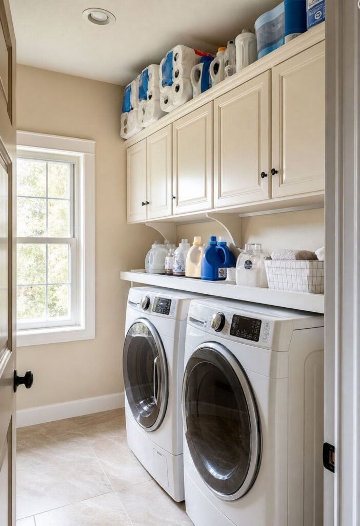 Bulky laundry supplies stored on higher shelves in a small laundry room