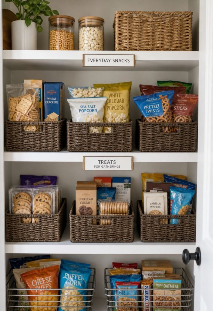 Holiday snacks organized in a dedicated pantry basket and shelf