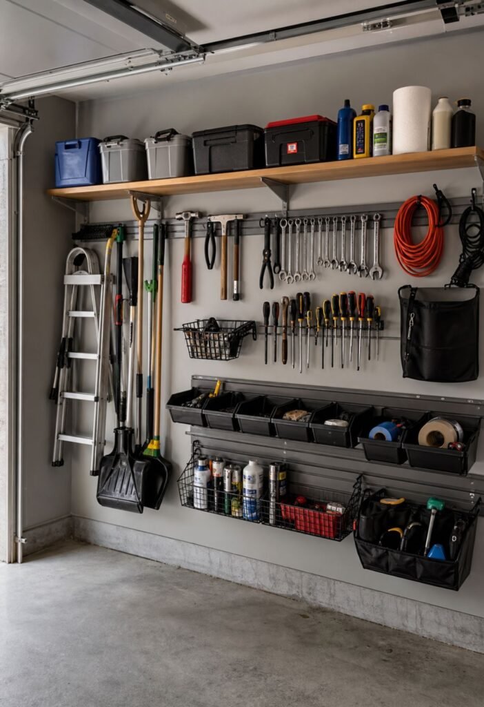 Small garage wall organized with tools gardening equipment and storage bins