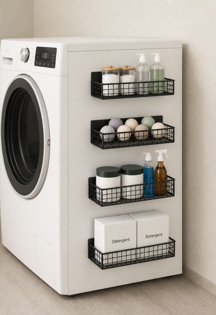 Magnetic shelf attached to the side of a dryer for laundry supplies