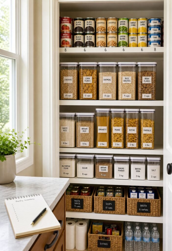 Pantry shelves checked while preparing a grocery shopping list