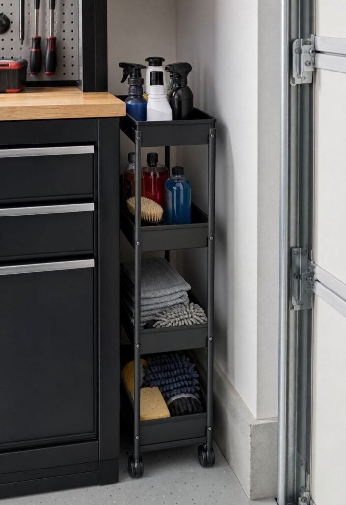 Slim rolling cart used for storage in a narrow garage gap