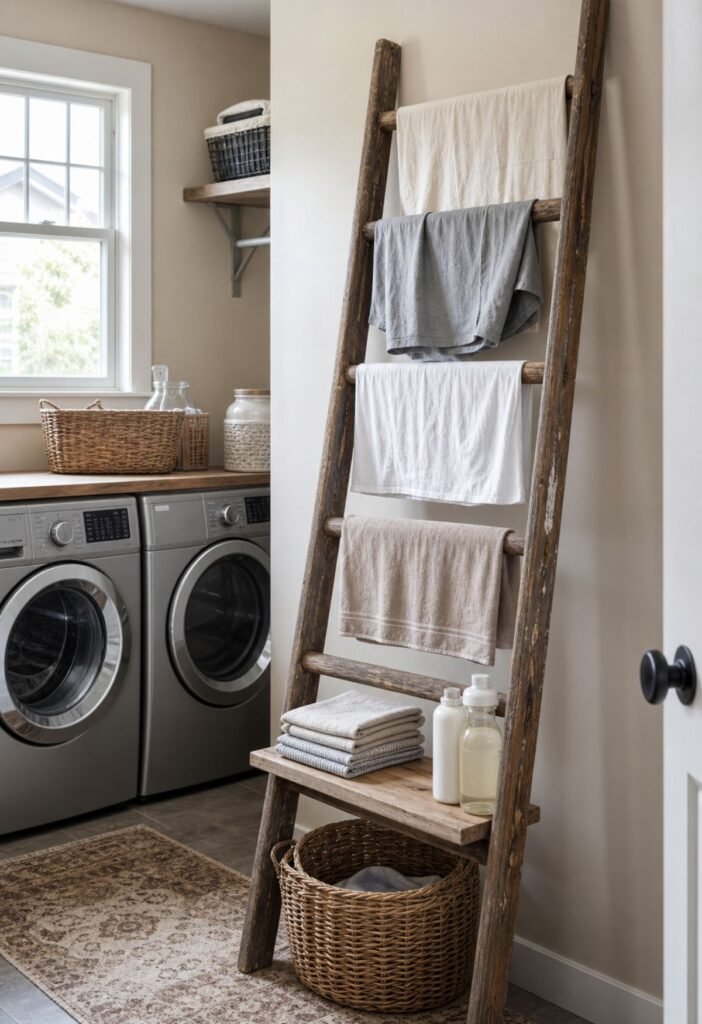 Wooden ladder used as a drying rack and shelf in a laundry room