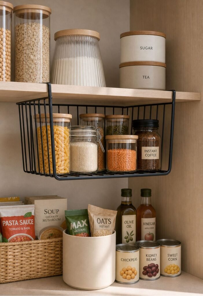 Under-shelf basket holding lightweight baking supplies in a pantry