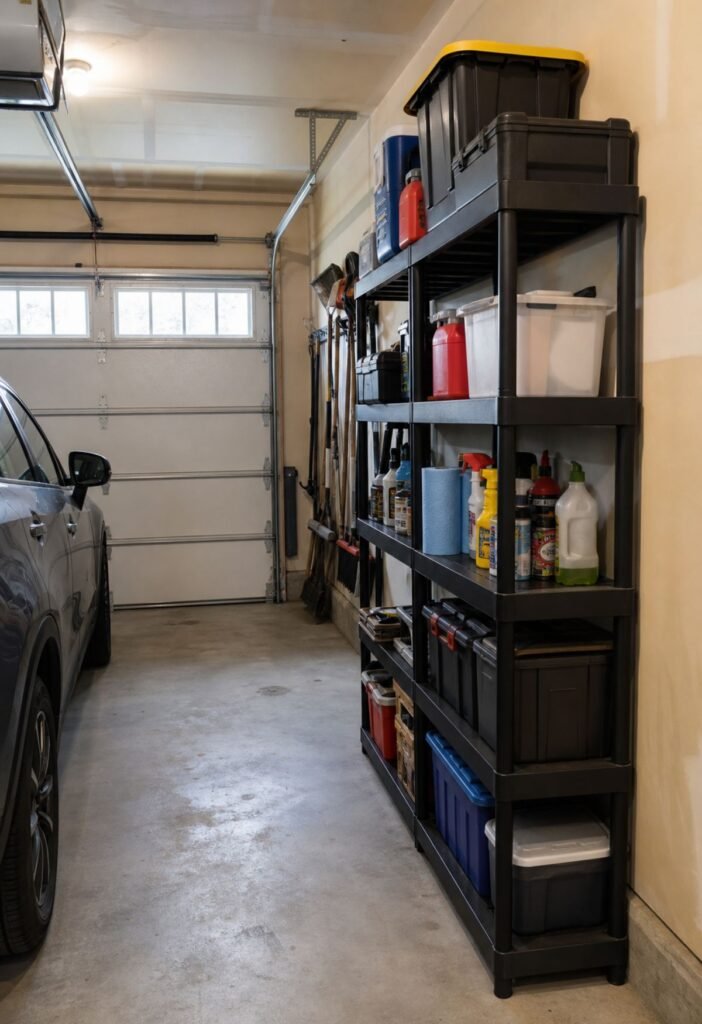 Narrow garage shelves storing bins cleaning products and small tools