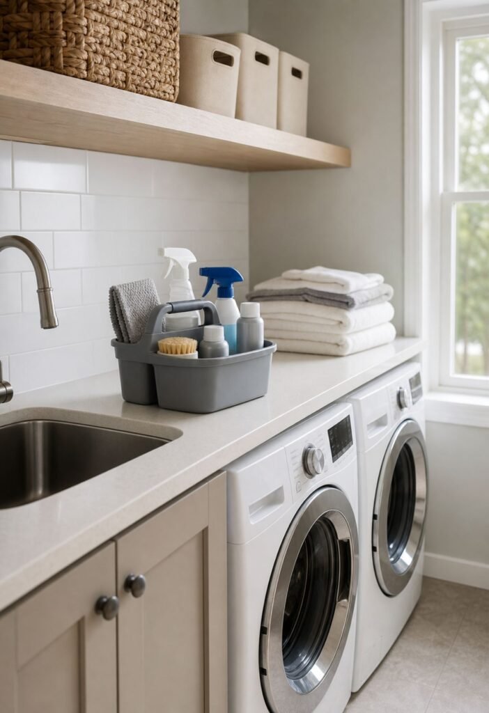 Laundry stain treatment caddy with stain removers brushes and cleaning cloths